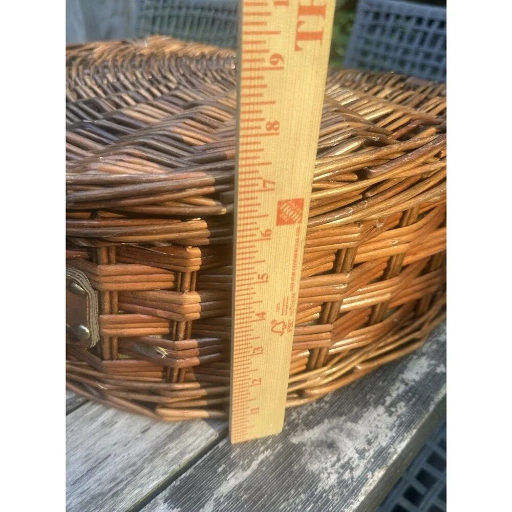 Vintage Brown Wicker Half Moon Picnic Basket Plaid Lined w Blue Dinnerware New